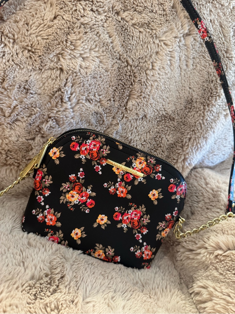 Steve Madden Black Floral Crossbody Bag with Gold Hardware